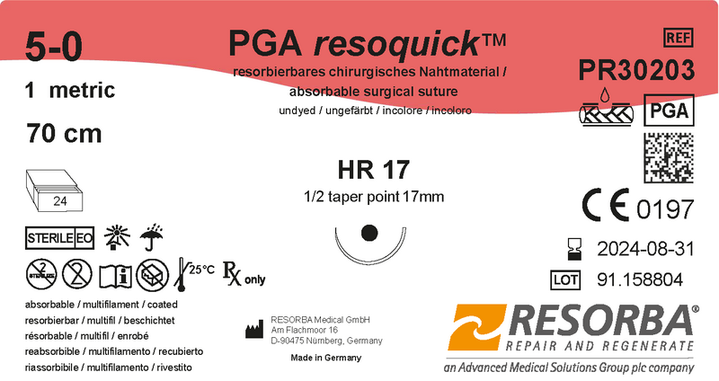 ПГА Резоквік USP 4-0 незабарвлений, довжина 70см, колюча голка 17 мм, 1/2 кола